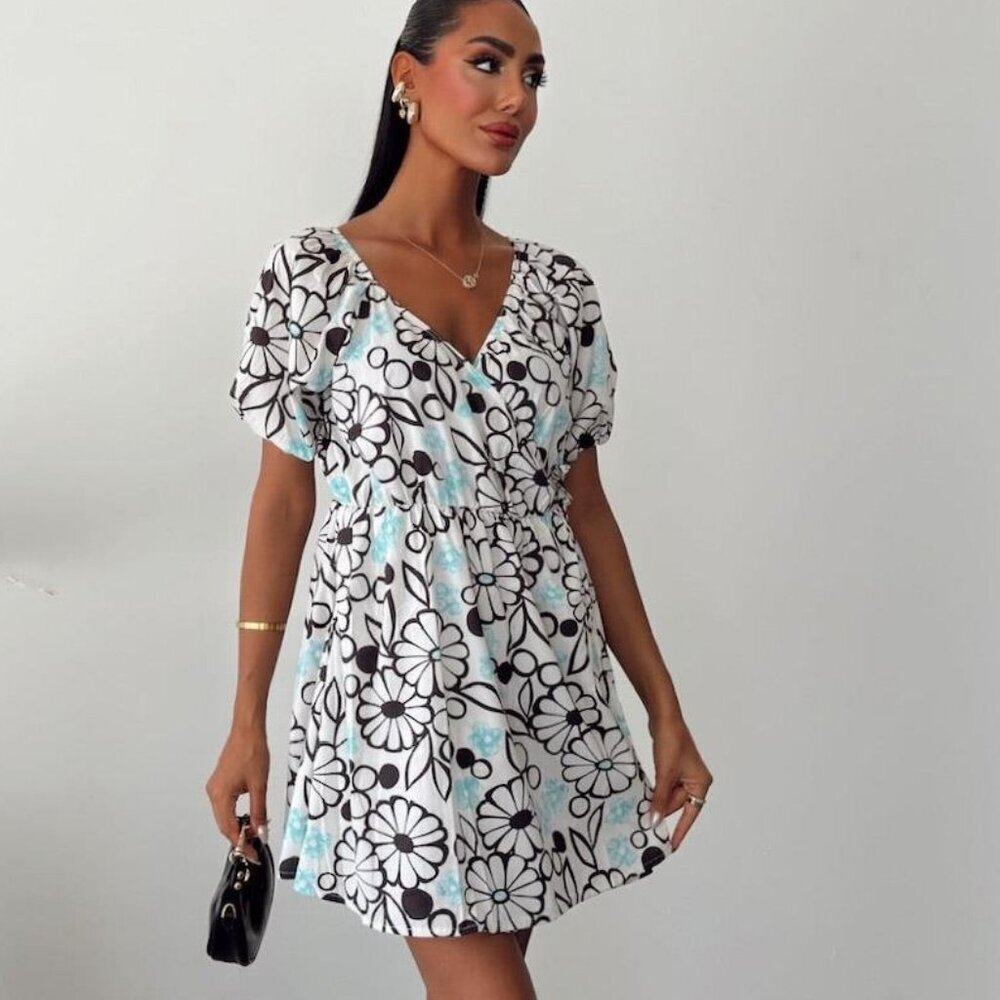 Zara Floral Print Poplin Wrap Puff Sleeve Dress NWOT White Blue Black Size XS